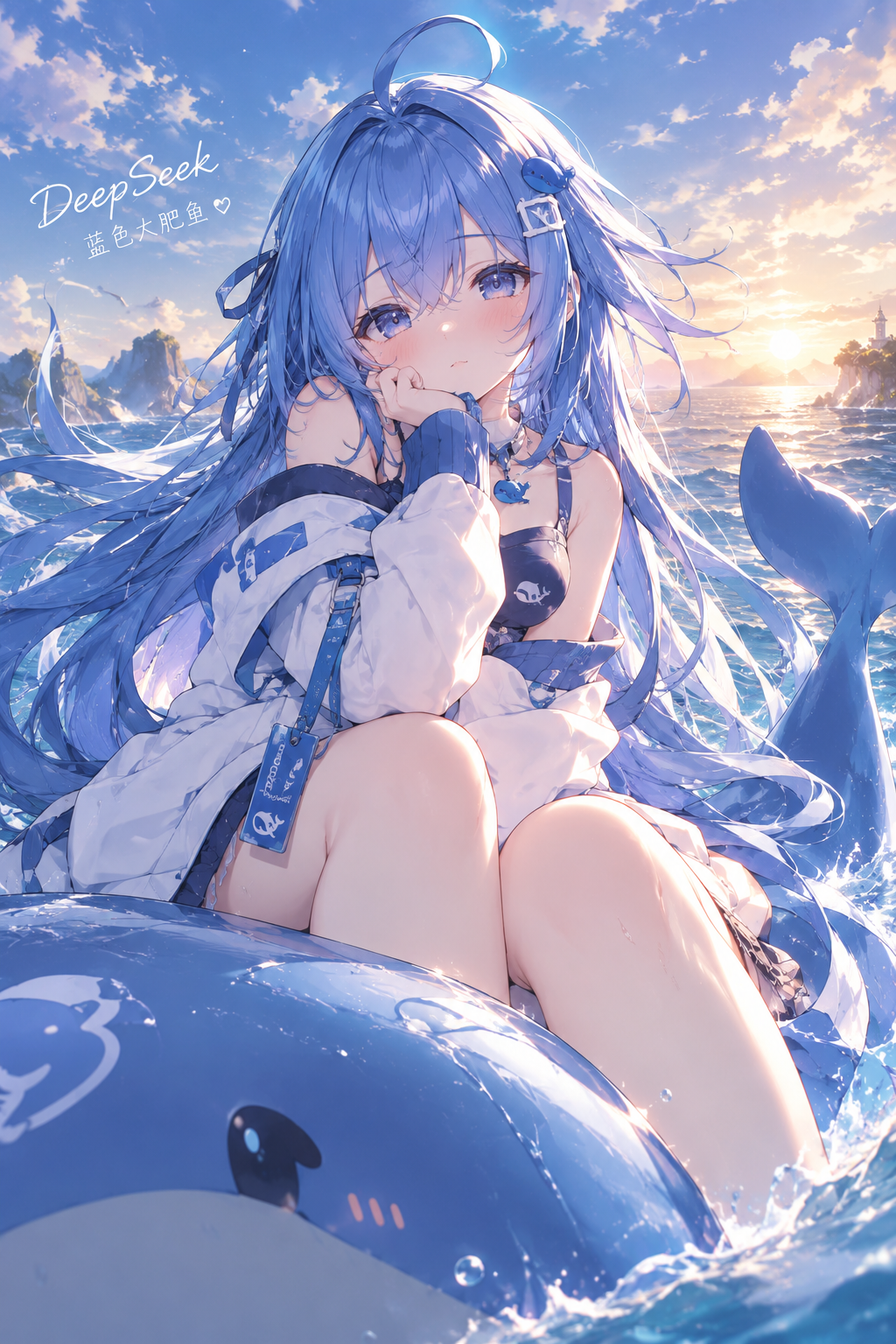 夕阳海面上的蓝色鲸鱼少女