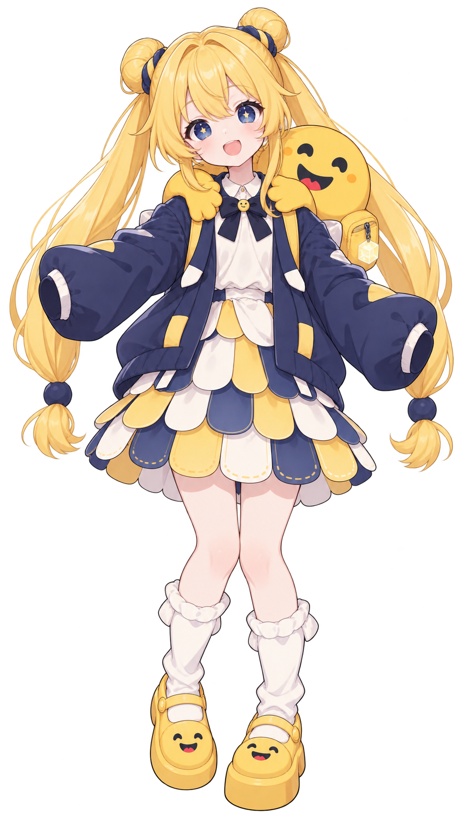 Hugging Face 娘立绘:黄色笑脸玩偶与海军蓝外套
