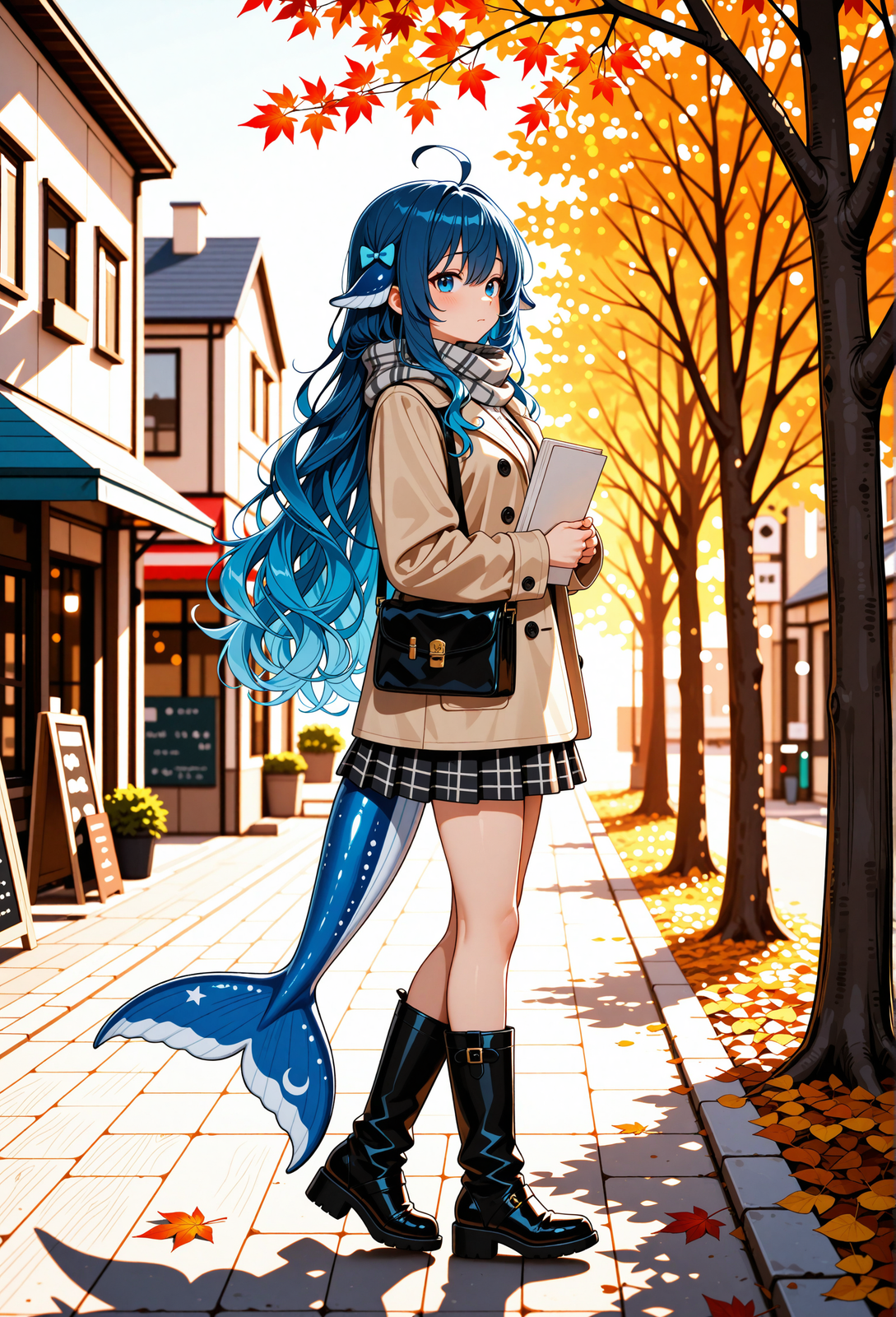 秋日街道上抱着笔记本回头的DeepSeek娘
