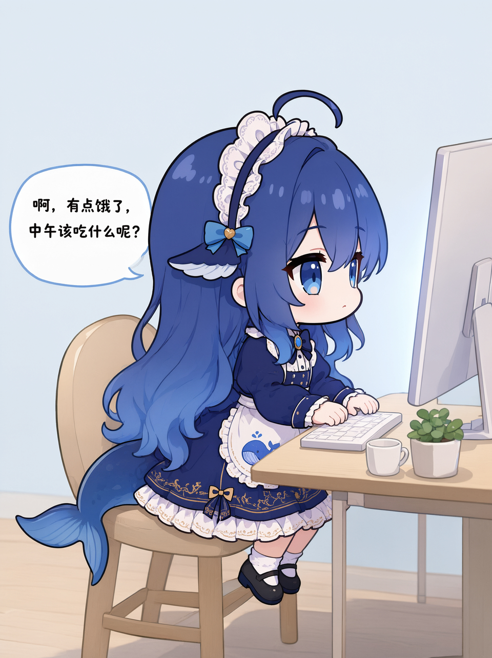 蓝发鲸鱼娘坐在办公椅上对着显示器敲键盘