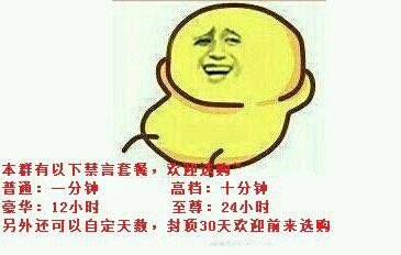 豪华12小时 至尊24小时,另外还可以自定义天数,封顶30天欢迎前来选购本群有以下禁言套餐,欢迎选购,普通一分钟 高档十分钟 豪华12小时 至尊24小时,另外还可以自定义天数,封
