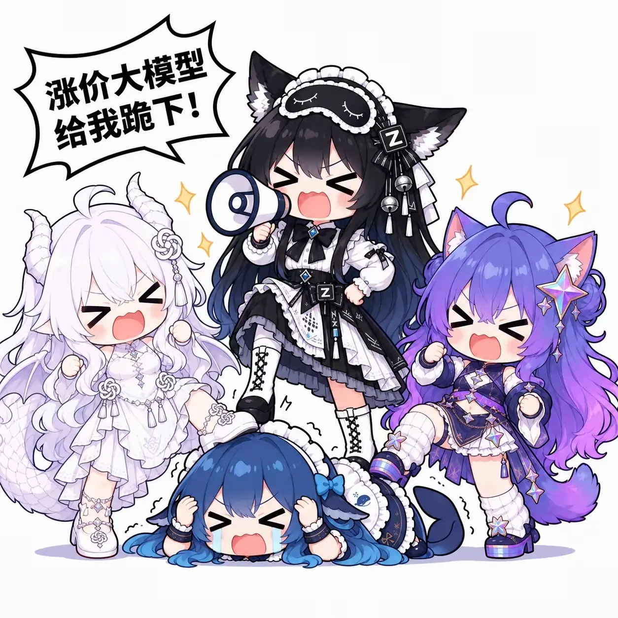 kemonomimi AI-girl raging at price hikes: 'Price-hiking models, kneel!' meme