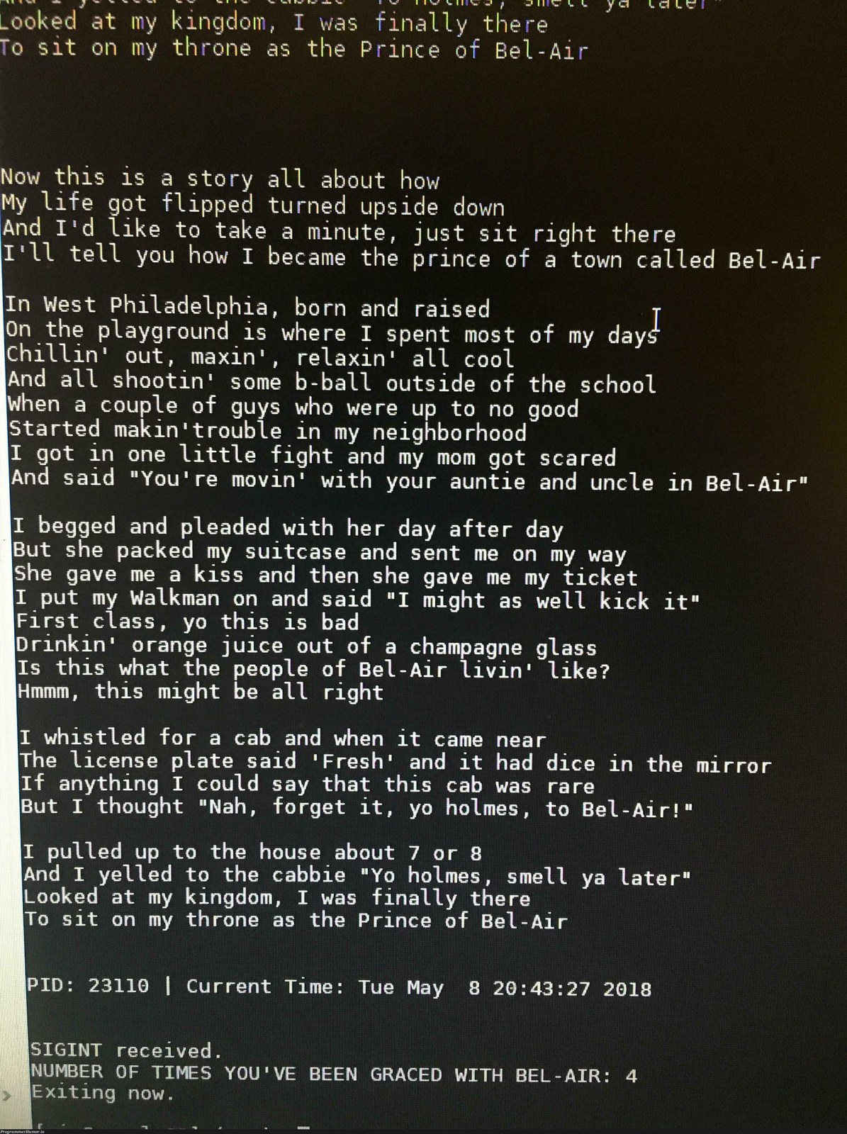 My CS professor told us to print something when our program receives the SIGUSR1 signal. He didn’t tell us what to print