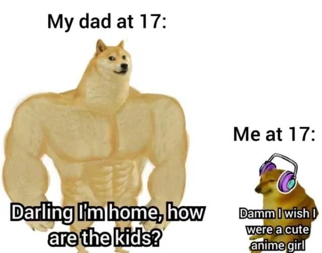 My dad at 17 :Me at 17 :Darling l'm home ,how Damm wish D are the kids ?were a cute animegirl