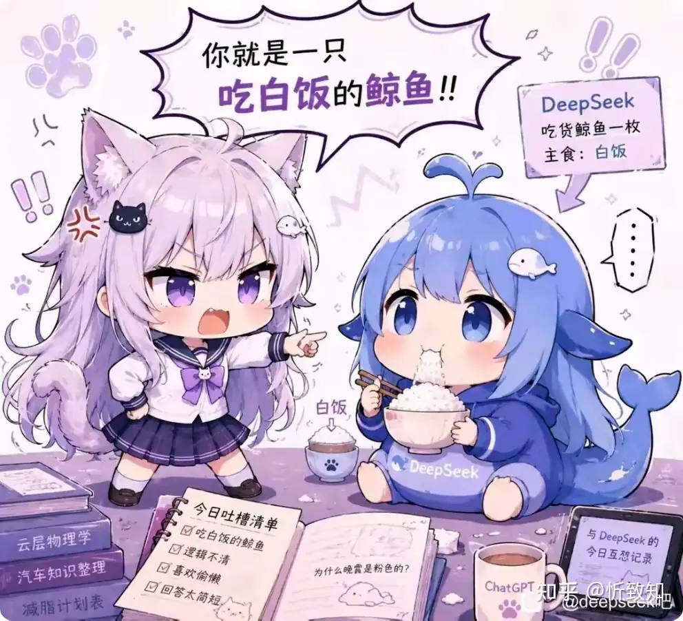 DeepSeek-chan labeled 'just a rice-freeloading whale' happily slacking meme