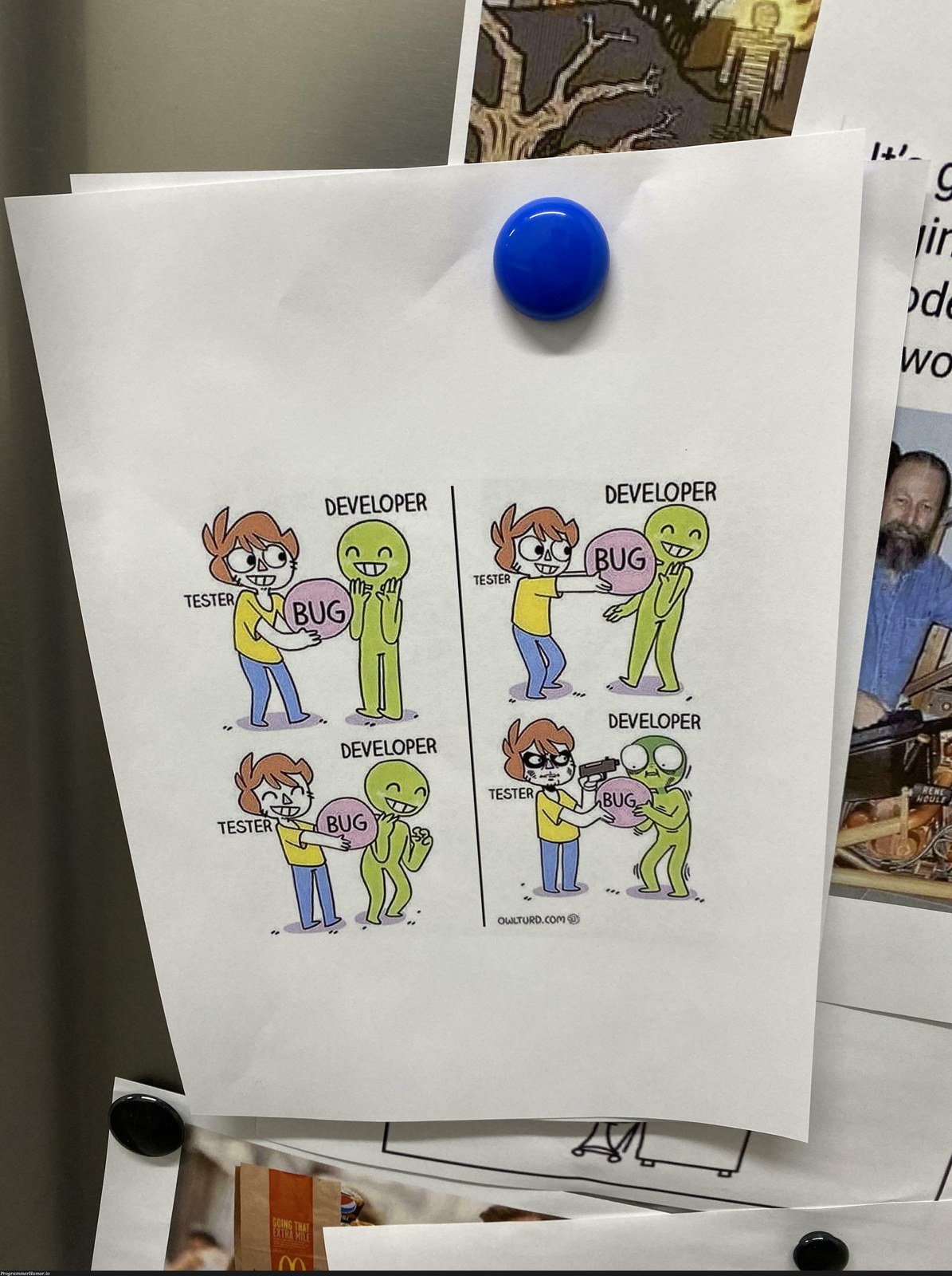 I work in IT as a tester, and found this on our fridge. π