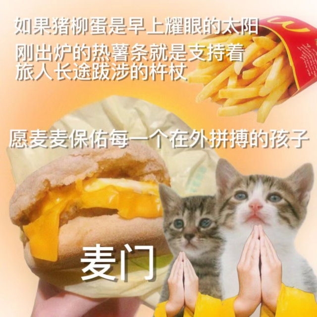 如果猪柳蛋是早上耀眼的太阳刚出炉的热薯条就是支持着旅人长途跋涉的杵杖愿麦麦保佑每一个在外拼搏的孩子麦门