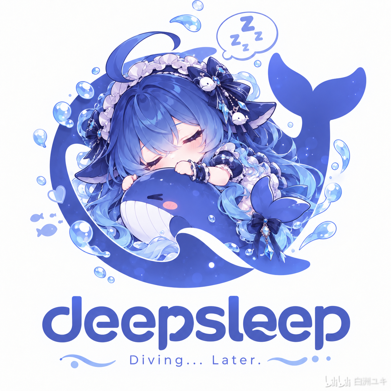 蓝发鲸鱼娘 DeepSeek 娘抱着白色鲸鱼抱枕闭眼沉睡