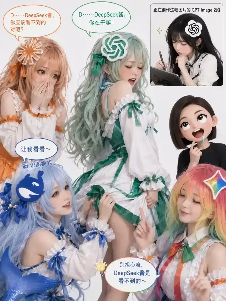 models' cosplay group photo: 'Let me see' meme