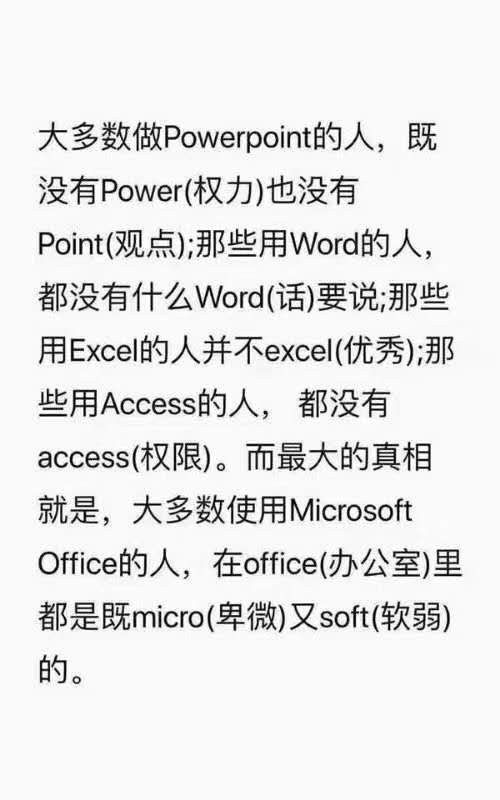 大多数做 Powerpoint的人,既没有 Power(权力)也没有Point(观点);那些用Word的人都没有什么Word(话)要说那些用 Excell的人并不 excel(优秀);那些用 Access的人,都没有accessi(权限)。