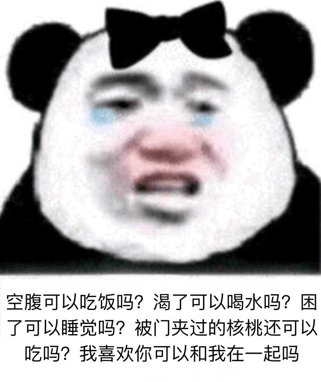空腹可以吃饭吗?渴了可以喝水吗?困了可以睡觉吗?被门夹过的核桃还可以吃吗?我喜欢你可以和我在一起吗?(流泪熊猫头)