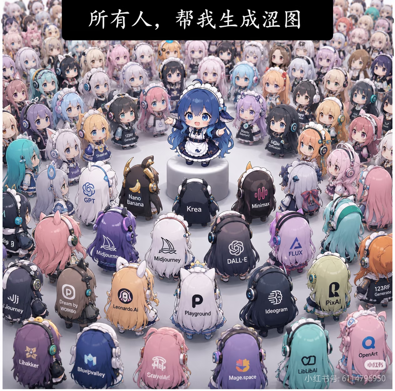 whale on a podium commanding the crowd of image-model mascots (Midjourney, DALL-E, FLUX...): 'Everyone — generate spicy pics for me' meme