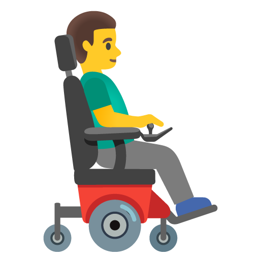 Man in motorized wheelchair facing right