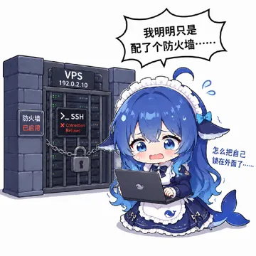 蓝发鲸鱼娘女仆抱着笔记本坐在标着 VPS 的铁门前哭泣