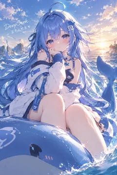 夕阳海面上的蓝色鲸鱼少女