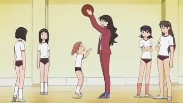 Chiyo trying to reach the ball from Yukari