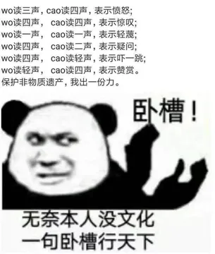无奈本人没文化一句卧槽行天下，卧槽！各种读音