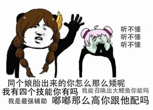 听不懂听不懂听不懂.同个娘胎出来的你怎么那么矮呢.我有四个技能.你有吗?我能召唤出大鲤鱼.你能吗?我是最强辅助.嘟嘟那么高你跟他配吗?