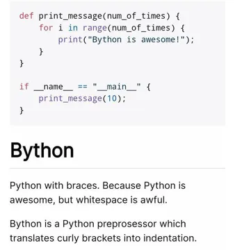 Bython: The Forbidden Love Child Of Python And Curly Braces
