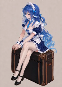 蓝发少女身穿蓝白荷叶边女仆装