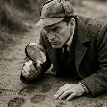 A photo of Sherlock Holmes (or someone with a magnifying glass)