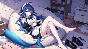 蓝发女仆装的 DeepSeek 娘慵懒地半躺在白色豆袋沙发上