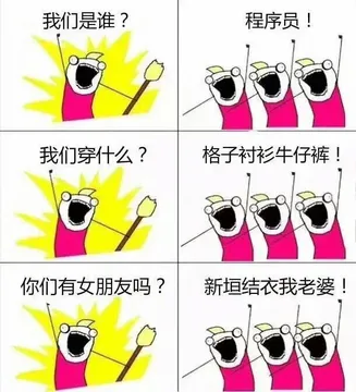 我们是谁？程序员！我们穿什么？格子衬衫牛仔裤！你们有女朋友吗？新垣结衣我老婆