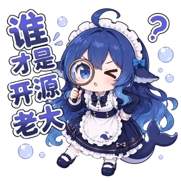 蓝发鲸鱼娘穿深蓝女仆裙配白围裙