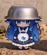 蓝发鲸鱼耳的Q版少女身穿深色女仆裙