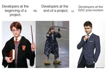 Developers At Beginning Of Project Vs End Vs At Gdc Post-Mortem