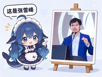 蓝发鲸鱼娘女仆指着身旁画架上的照片