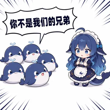 画面左侧五只圆滚滚的蓝色小鲸鱼齐声喊出对话框里的「你不是我们的兄弟」
