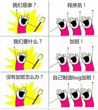 我们是谁？程序员！我们要什么？加班！没有加班怎么办？自己制造bug加班！