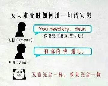 发音完全一样.效果完全一样女人难受时如何用一句话安慰:美国You need cry,dear(你需要哭出来宝贝)中国有你的快递儿.