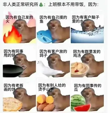 非人类正常研究所鑫：上班根本不用带饭，因为：因为有自己发的因为有自己摸的因为有客户脑子火鱼里的水因为有同事因为有客户放的因为有群里发的甩的锅鸽子鸡汤因为有老板因为有别人给的因为有回事传的画的饼烫手山芋瓜