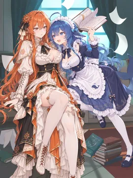 图书馆里举起魔法书的 DeepSeek 娘与 Claude 娘
