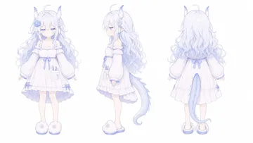 白龙娘幼体三视图：白蓝连衣裙与小龙角
