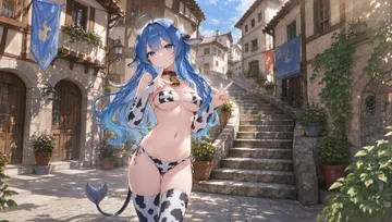 蓝发长角的少女身穿黑白奶牛纹比基尼