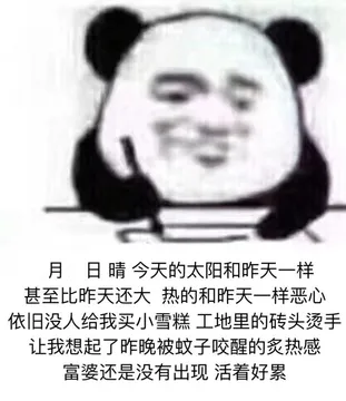 今天的太阳和昨天一样甚至比昨天还大热的和昨天一样恶心依旧没人给我买小雪糕工地里的砖头烫手让我想起了昨晚被蚊子咬醒的炙热感富婆还是没有出现活着好累