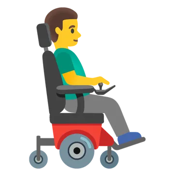 Man in motorized wheelchair facing right