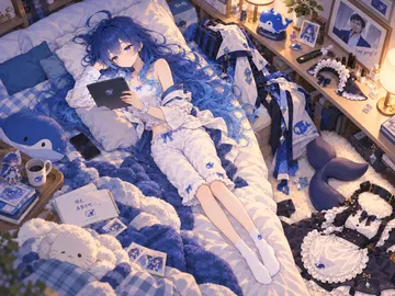 干了一天的蓝色大肥鱼下班后 慵懒躺在床上刷平板 她的女仆装和鱼尾 还有头饰和鲸耳被随意扔在房间里面 明天上班再整理穿戴吧