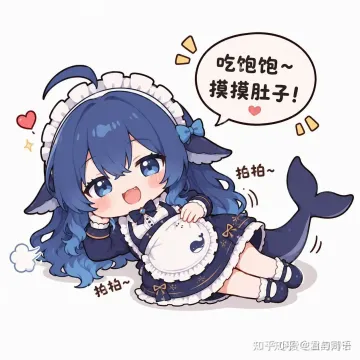 satisfied whale-girl patting her belly: 'All fed~' post-meal bliss meme