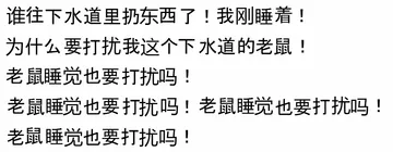 谁往下水道里扔东西了!我刚睡着!为什么要打扰我这个下水道的老鼠!老鼠睡觉也要打扰吗!老鼠睡觉也要打扰吗!老鼠睡觉也要打扰吗!老鼠睡觉也要打扰吗!