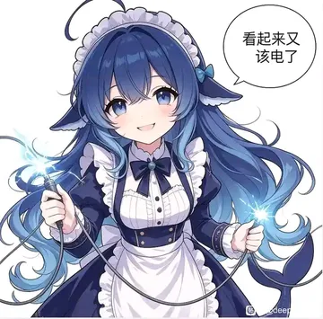 蓝发鲸鱼耳的女仆装少女双手各捏一根带电火花的插头