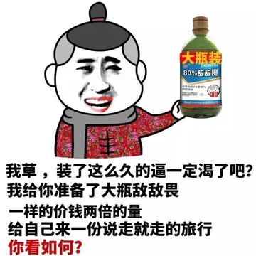 我草，装了这么久的逼一定渴了吧？我给你准备了大瓶敌敌畏 一样的价格两倍的量 给自己来一份说走就走的旅行 你看如何？