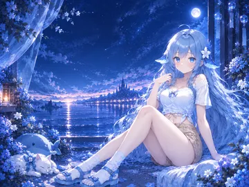 月夜湖畔的蓝发少女与花海
