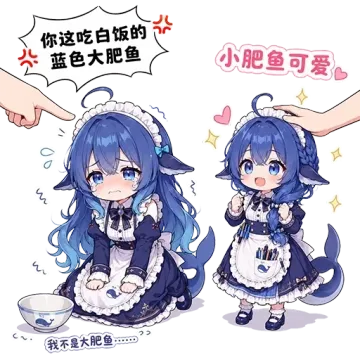 两格对比：蓝发鲸鱼娘穿女仆装