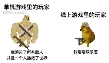 单机游戏里的玩家译制@spaceboii 线上游戏里的玩家我消灭了所有敌人我刚刚双杀惹并且一个人拯救了世界