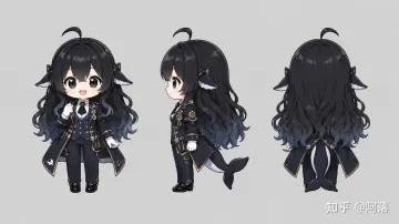 dark-mode orca-girl three-view character sheet meme