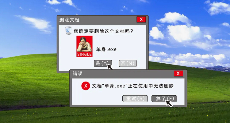 删除文档您确定要删除这个文档吗?单身exeSINGLE 否(N)错误文档“单身.exe正在使用中无法删除重试(R)算了(F)